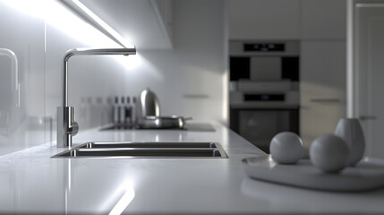 Modern minimalist kitchen interior with sleek faucet, stainless steel sink, white countertops, and geometric decor in black and white palette