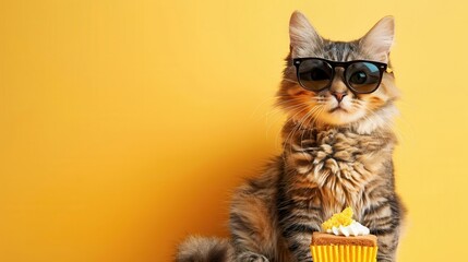 Cool cat in sunglasses holding a birthday cake, isolated background, and space for text.