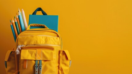 Backpack overflowing with yellow grounded school supplies Back to School theme