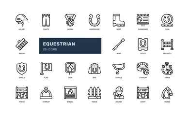 equestrian horse ranch sport competition race outline line icon set