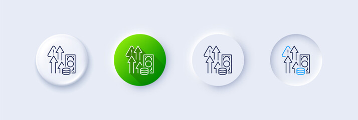 Inflation line icon. Neumorphic, Green gradient, 3d pin buttons. Currency rate increase sign. Rise in price symbol. Line icons. Neumorphic buttons with outline signs. Vector