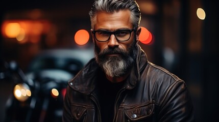 Fototapeta premium Portrait of a Bearded Man with a Leather Jacket