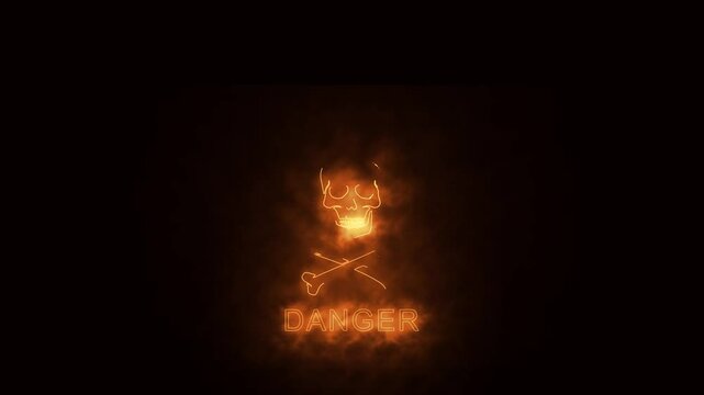 dangerous symbol with skull image and fire effect green screen background