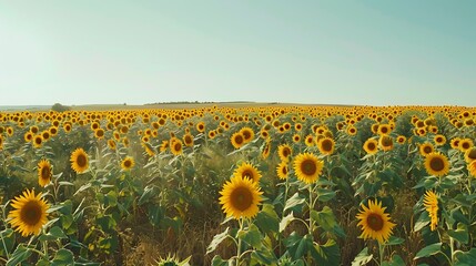 Obraz premium A vast field of golden sunflowers under a clear blue sky