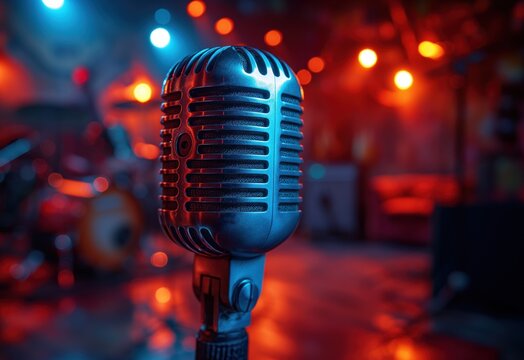 Close-up de um microfone em um palco iluminado