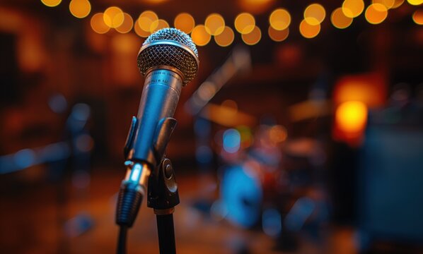 Close-up de um microfone em um palco iluminado