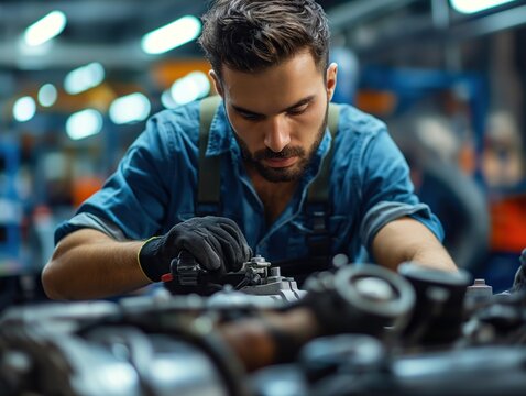 Mec&acirc;nico concentrado em reparos automotivos em uma oficina bem equipada