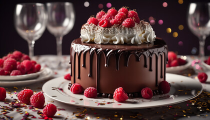 This decadent chocolate raspberry cake, drizzled with rich chocolate syrup and topped with fresh raspberries, is set against a whimsical background of colorful confetti and sparkles.