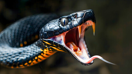 Fierce and Aggressive Black Viper Snake with Open Mouth Revealing Sharp Fangs and Bifurcated Tongue Showcasing Its Deadly Predatory Nature and Untamed Wilderness in Close up Detail