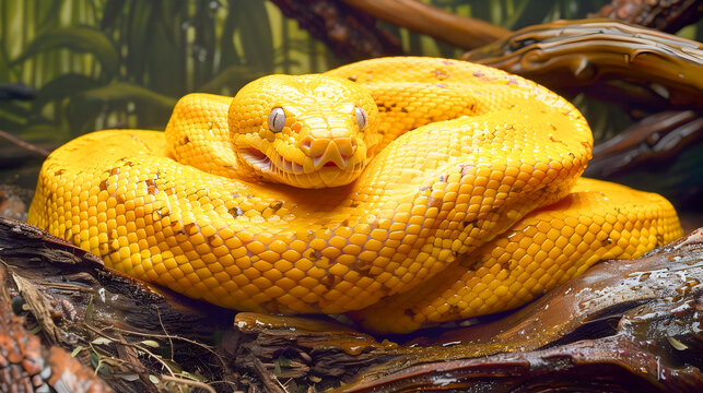 Closeup of a beautiful and vibrant yellow python a large constrictor snake species coiled on a tree branch in a lush green tropical jungle environment