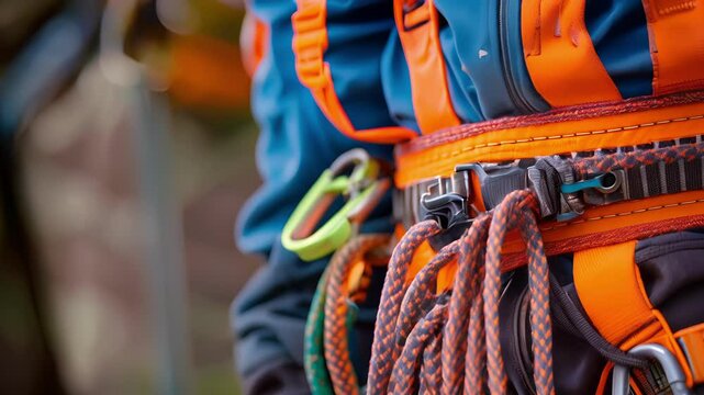 A closeup of a belayers harness showcasing the essential safety equipment worn by those managing the rope.