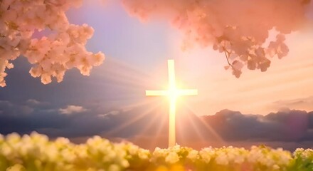 A serene cross bathed in golden Easter evening light, surrounded by blooming lilies