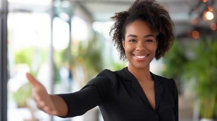 Head shot portrait smiling African American businesswoman offering handshake, standing with extended hand in modern office, friendly hr manager or team leader greeting or welcoming new worker