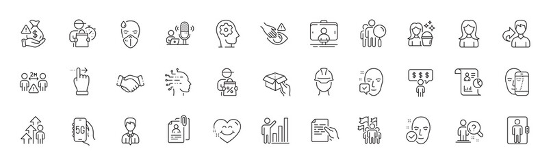 Dont touch, Face biometrics and Employee benefits line icons. Pack of Report, Graph chart, 5g internet icon. Woman, Leadership, Interview documents pictogram. Delivery man. Line icons. Vector