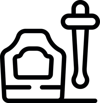 recommend clip art: Blacksmith wearing protective leather apron holding tongs by a blacksmiths forge in black and white line art icon