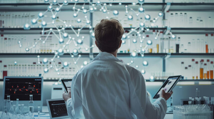 Scientist Analyzing Data on Multiple Devices in a Modern Laboratory with Advanced Technology and Digital Interfaces