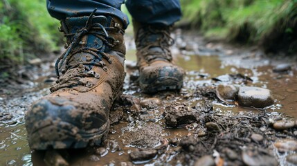 Fototapeta premium A close-up shot of muddy hiking boots on a rocky path, emphasizing the challenges and rewards of exploring the great outdoors.