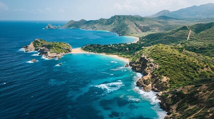 Fototapeta premium A winding coastline stretches into the distance, with rocky outcrops, sandy beaches, and turquoise waters creating a captivating panorama.