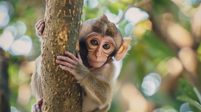 Lustiger Affe am Ast mit gro&szlig;en Augen.
