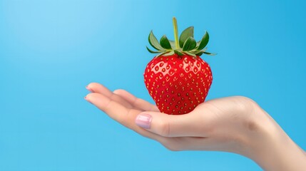 Obraz premium Hand Holding a Fresh Strawberry on a Blue Background 