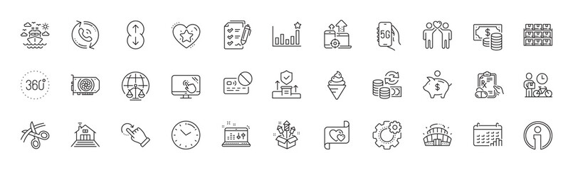 Efficacy, Scroll down and Calendar graph line icons. Pack of Call center, Friends couple, Rotation gesture icon. Scissors, Bike courier, Fireworks rocket pictogram. Magistrates court. Vector