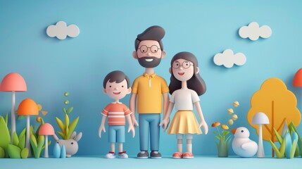 Fototapeta premium happy family consisting of two parents and two children, all standing together in a cheerful pose, with colorful and simplistic geometric shapes