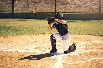 Baseball player, man and catcher with glove in game on field in helmet, safety or contest. Person,...
