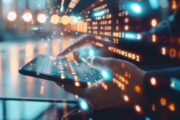 A person's hands interacting with a tablet screen displaying numerous numbers and data, representing information that needs to be analyzed.