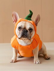 A dog is wearing an orange costume with a pumpkin on its head