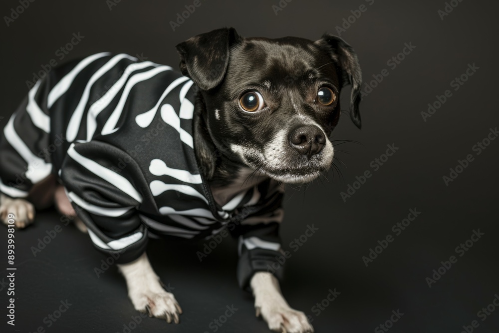 Poster a black and white dog wearing a skeleton costume