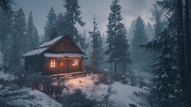 A cozy cabin nestled in a snowy forest. This photo can be used for wintery scenes, cozy atmosphere, or a sense of isolation.