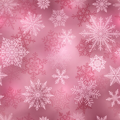 Christmas seamless pattern of beautiful complex white snowflakes on pink background. Winter illustration with falling snow.