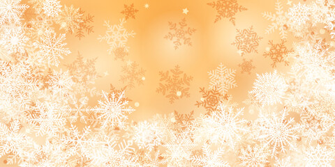 Christmas background of beautiful complex snowflakes located below, white on yellow colors. Winter illustration with falling snow.