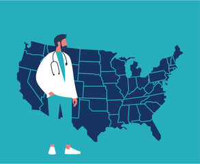 National Immunization Awareness Month. Avatar smiling man doctor. Medical consultation online, health care concept. Health insurance concept. Immune system all USA map