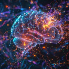intricate neural network visualization with vibrant colors pulsating connections and holographic brain overlay hyperrealistic 3d render with depth and luminescence