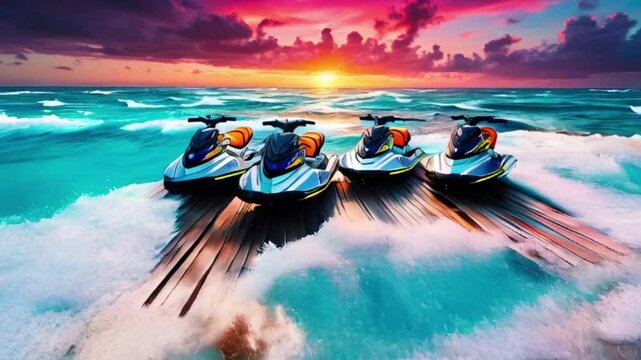 Four sleek jet ski boats, each with a shimmering metallic finish, gleaming in the golden light of sunset, rest on a weathered wooden deck,Jet ski, 4k digital videocreated with generative ai.