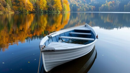 Obraz premium A small boat sits in a lake with a beautiful reflection of the trees and sky