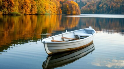 Obraz premium A small white boat sits in a lake with trees in the background