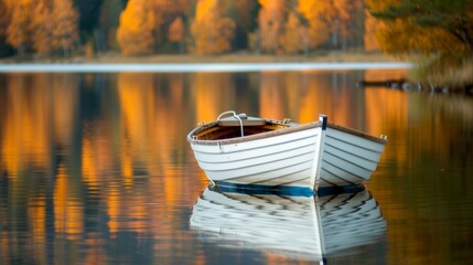 Obraz premium A small white boat sits in the water, reflecting the trees and the sky
