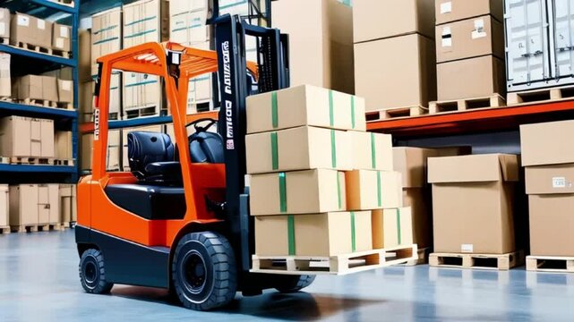 Orange and black forklift truck lifting wooden pallet full of cartoon boxes in a warehouse full of containers and packages., storehouse logistics 4k video with generative ai.