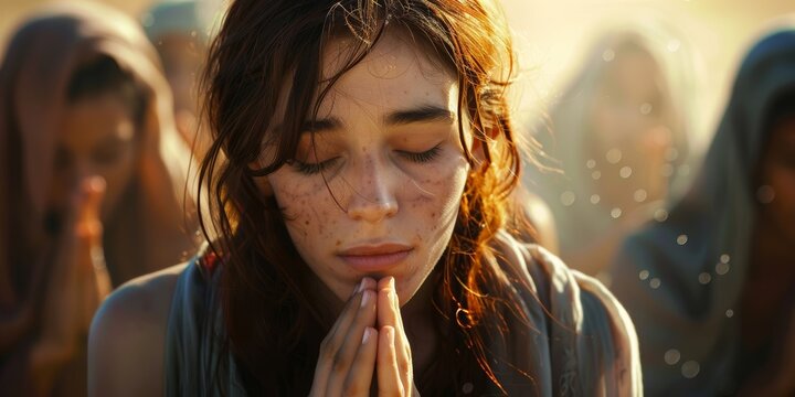 Young woman praying, closeup. Biblical character