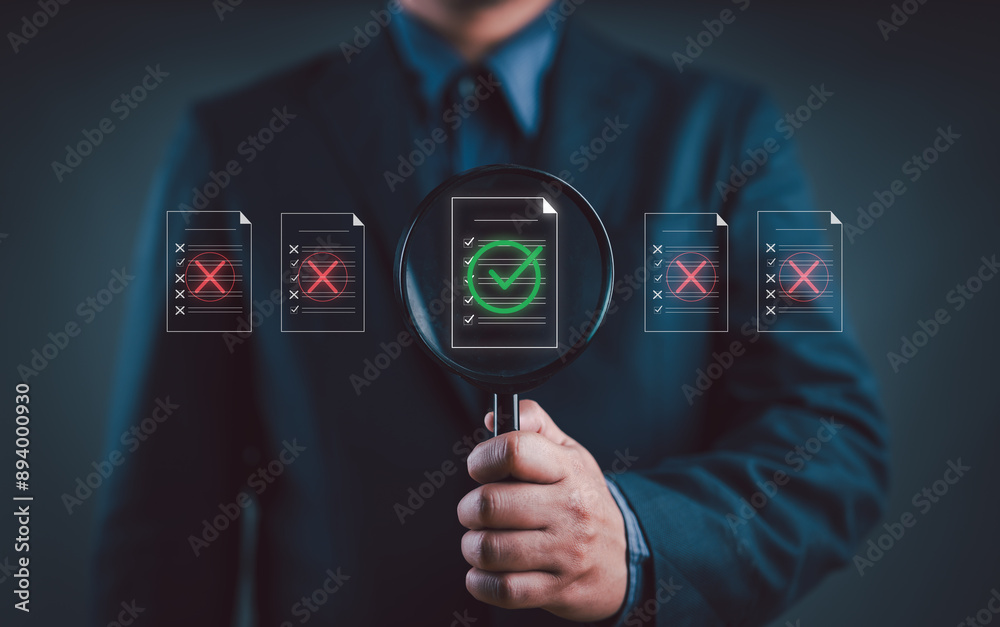 Aufkleber Document quality control concept. Businessman touching document approve paperless. assurance approved. Checklist document analyst. Quality certificate Management. Standardization, certification.