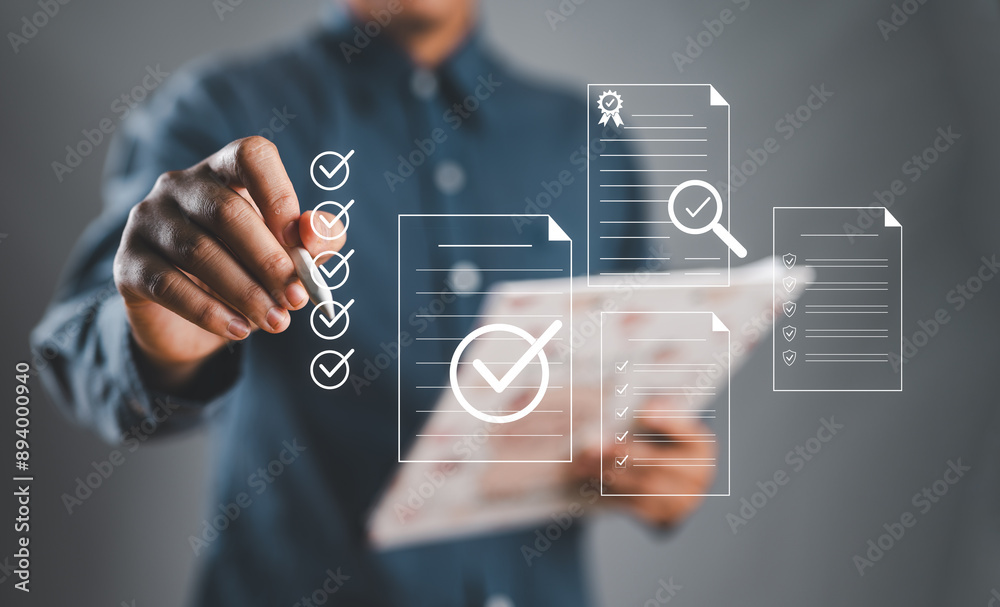Poster Businessman using pen to tick correct sign mark in checkbox for quality document control checklist and business approve project concept. Check mark, Filling out digital form checklist, Online exam.