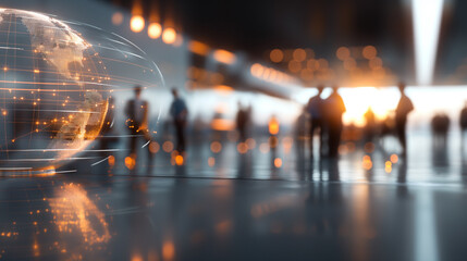 Abstract digital globe with glowing connections, blurred businesspeople in background, futuristic technology and global network concept, dynamic light effects