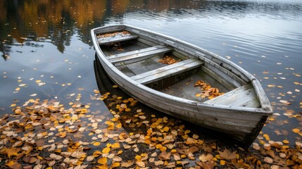 Obraz premium A boat sits in a lake with leaves floating on the surface