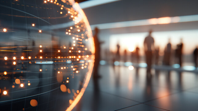 Abstract digital globe with glowing connections, blurred businesspeople in background, futuristic technology and global network concept, dynamic light effects