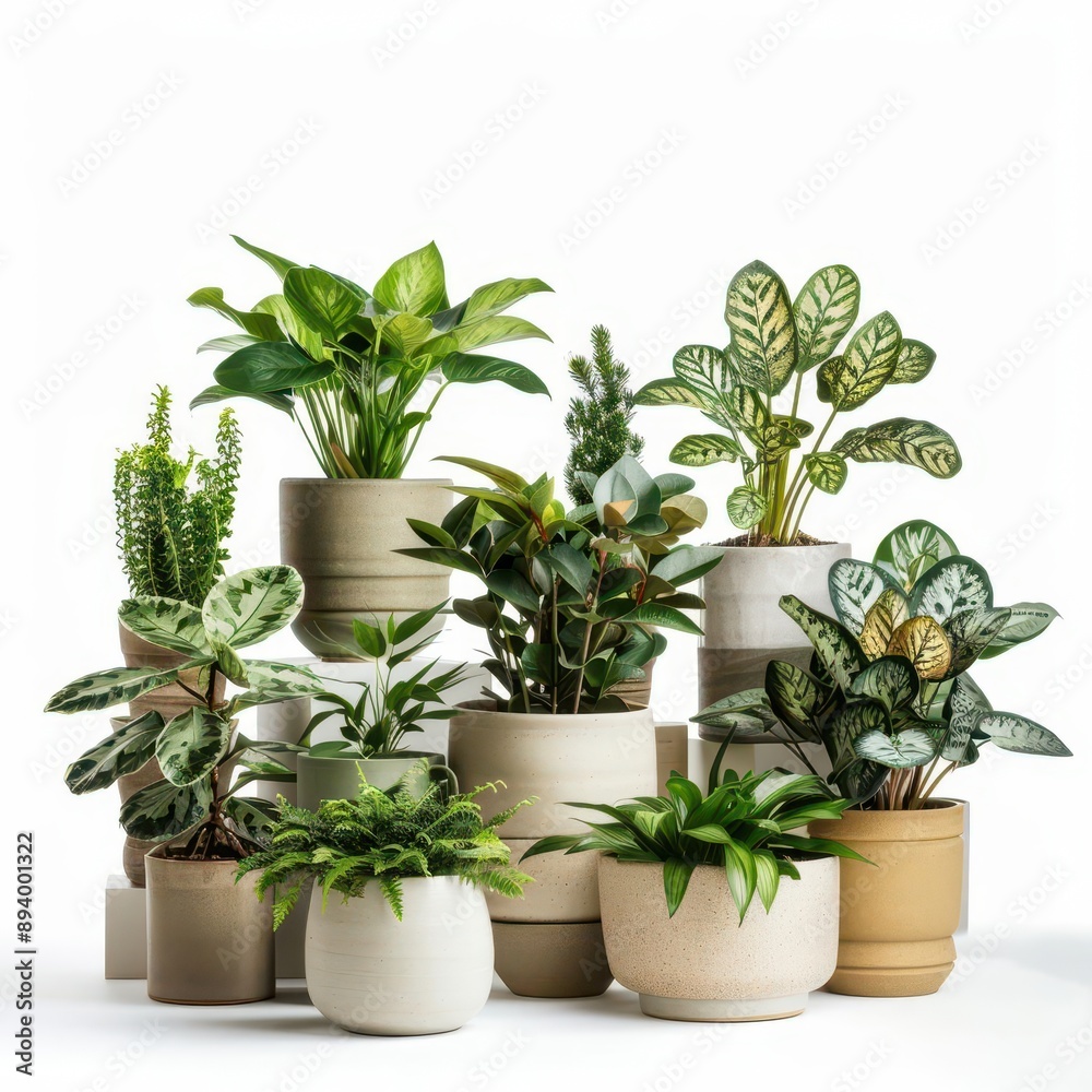 Wall mural lush urban jungle diverse collection of potted plants with variegated leaves ceramic planters in earthy tones isolated on pristine white backdrop