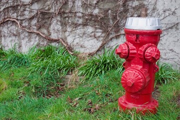 A Bright Red Fire Hydrant Against A Stone Wall