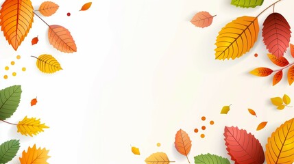 Fototapeta premium A white background with a colorful autumn leaf border