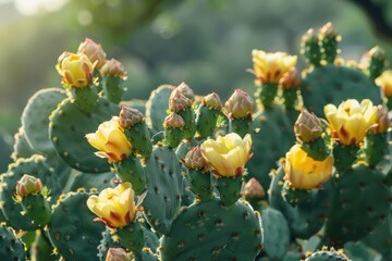 Close Up of Yellow Prickly Pear Cactus Flowers Blooming in Sunlight, Desert Plant, Cactus, Prickly Pear, Blooming, Yellow, Flowers, Sunlight, Nature, Desert, Flora, Botanical, Green, Spiky, Plant